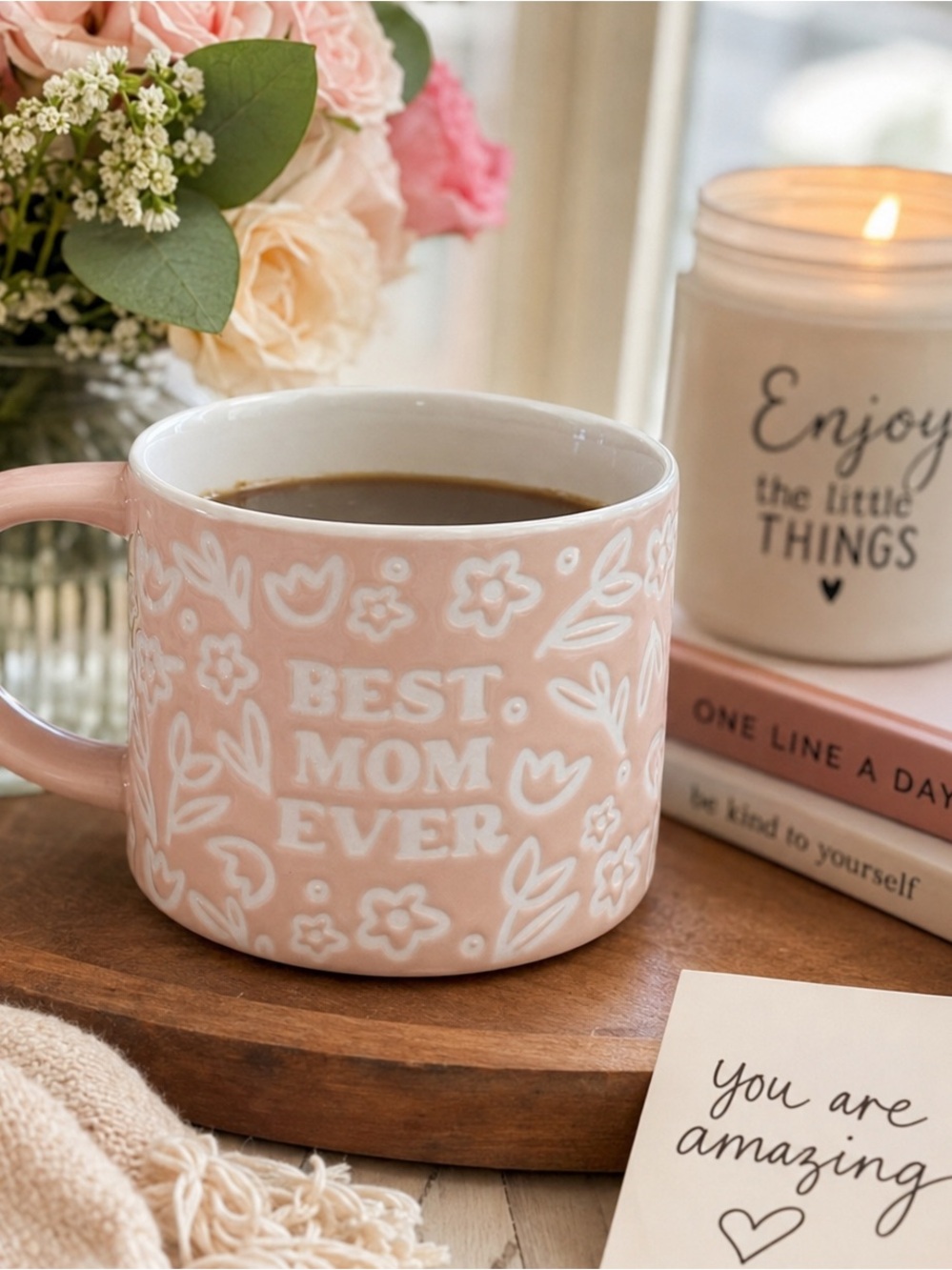 Best Mom Ever Pink Floral Stoneware Coffee Mug Gift for Mom
